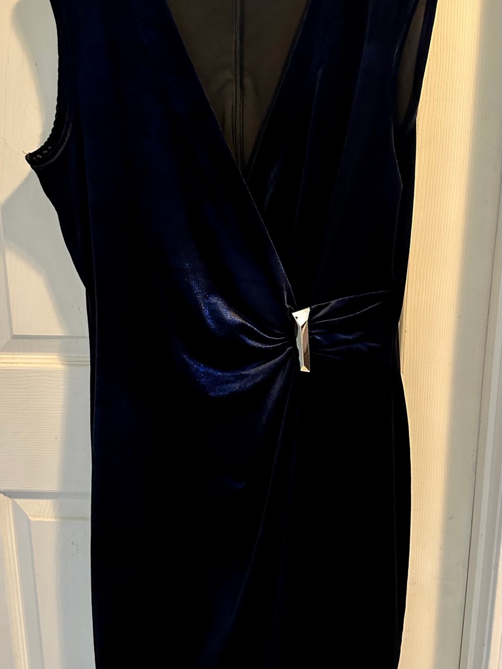 Calvin Klein Navy Velvet Sleeveless Dress with Silver Accent